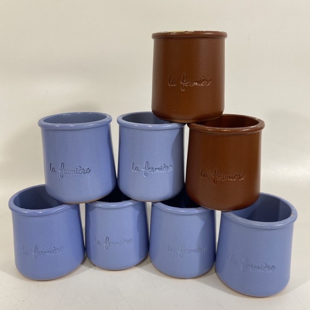 La Fermiere Yogurt Pot‎ Lot Bundle (8) Blue & Brown Excellent TerraCotta